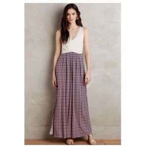 Anthropologie Ivory and Plum Patterned Maxi Dress